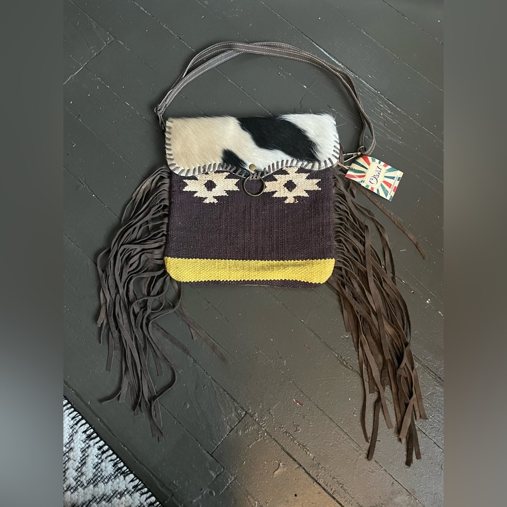 Olay crossbody upcycled leather/canvas/calf hair Aztec print purse fringe